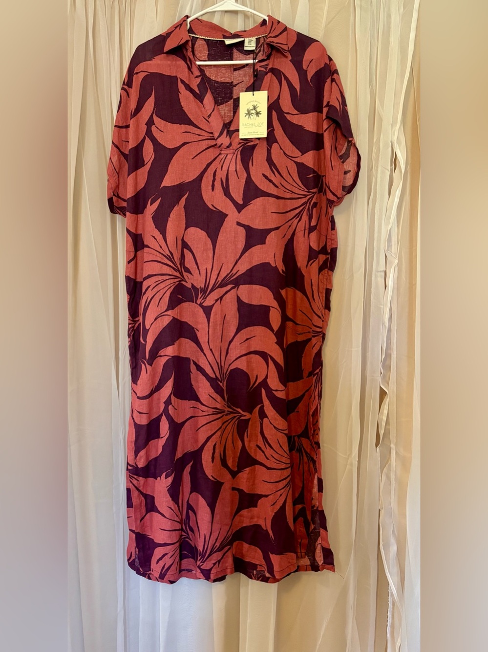 Rachel Zoe Size M Mauve Floral Shirt Dress Linen Blend